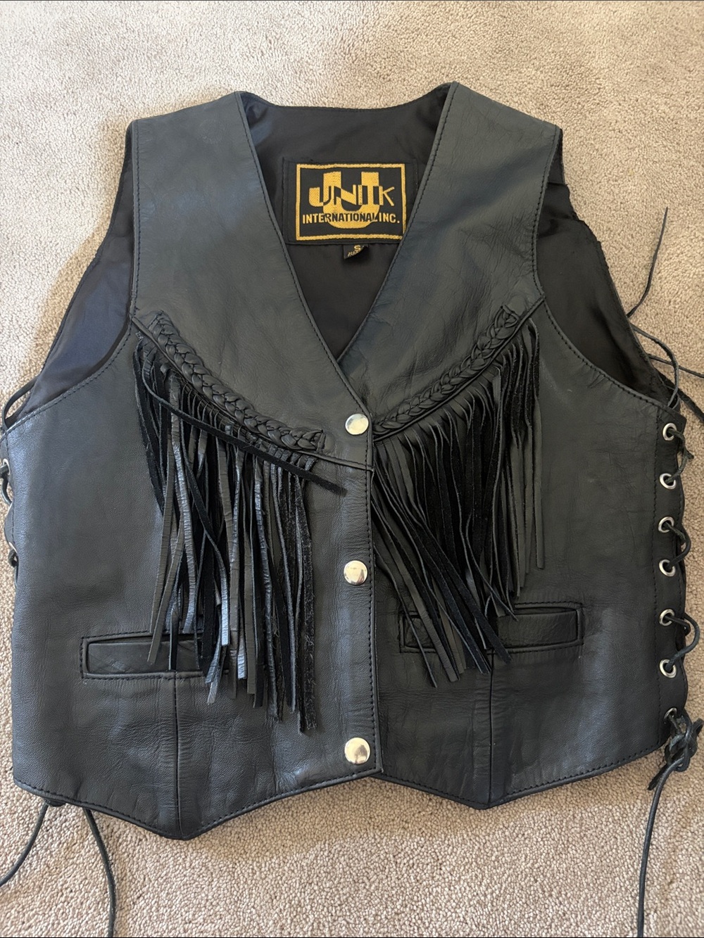 Black Leather Fringe Lace-Up Vest